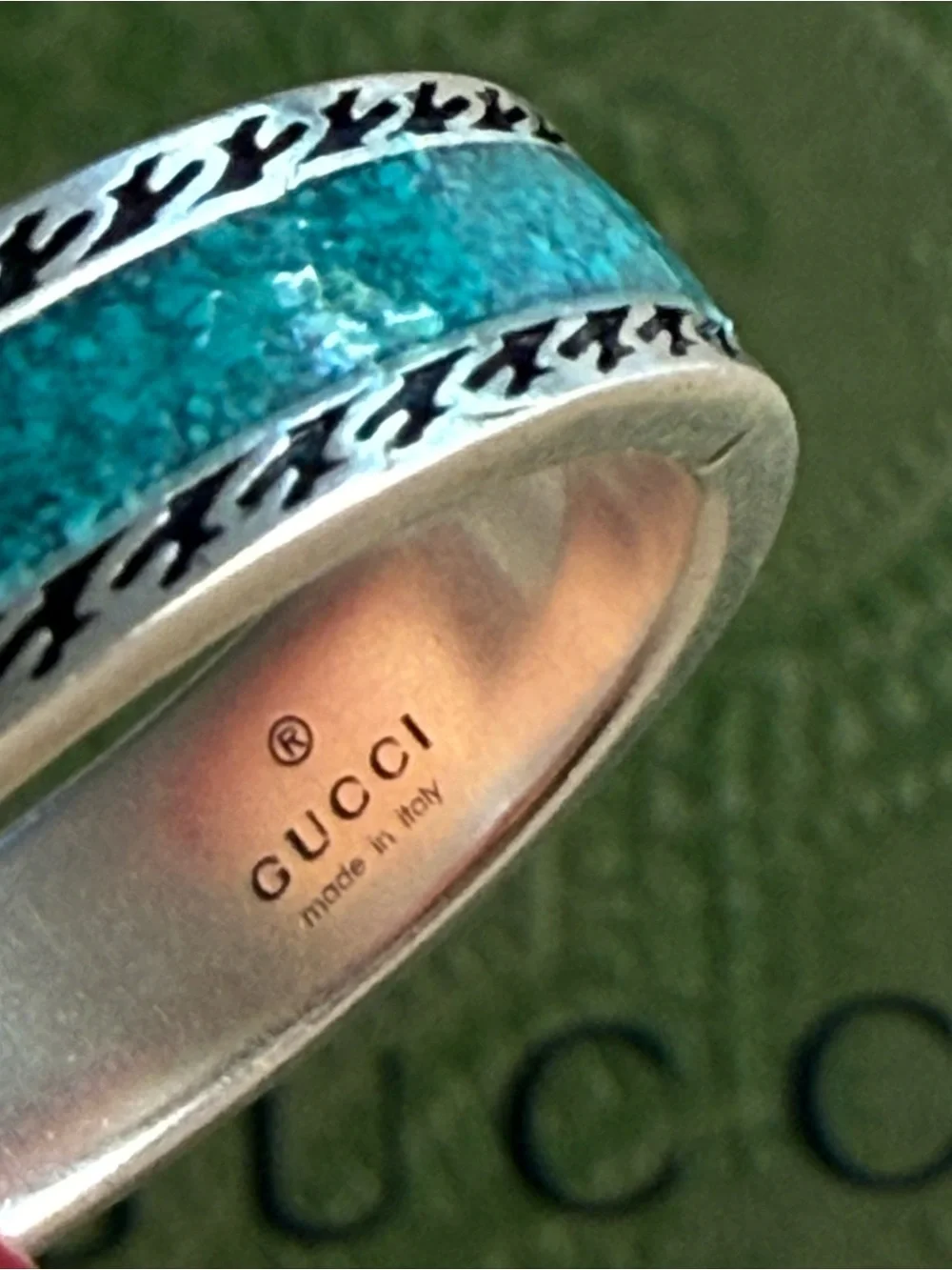 NWT GUCCI INTERLOCKING G RING STERLING SILVER TURQUOISE ENAMEL DESIGNER SIZE: 21